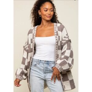 Shop Stevie Womens XL Checkerboard Knit Cardigan Grey Cream Oversized Sweater